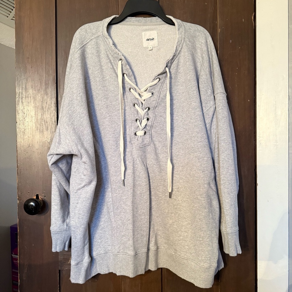 Aerie lace up over sized terry sweatshirt - gray